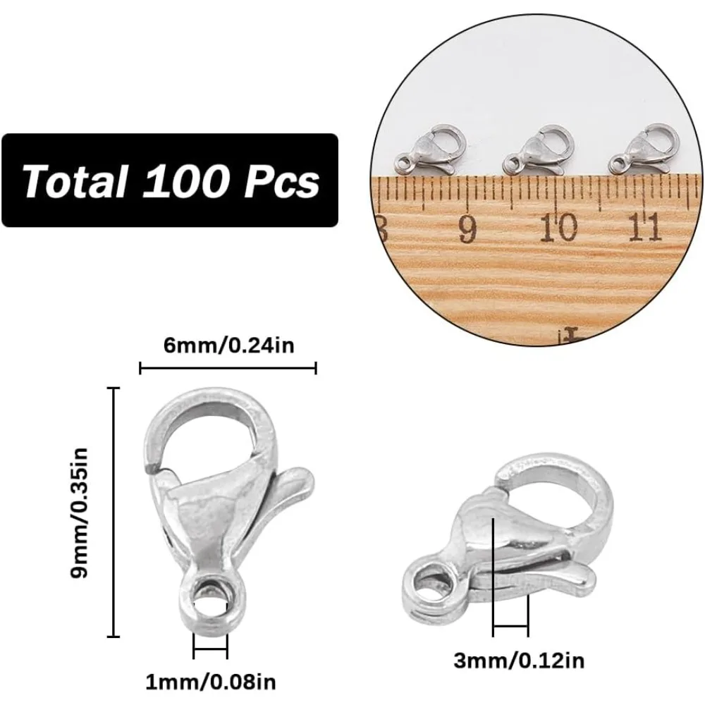 1 Box 100Pcs Stainless Steel Lobster Clasps Jewelry Lobster Claw Clasp 6x9mm Mini Small Fastener Hook Clasps Bracelet Clips