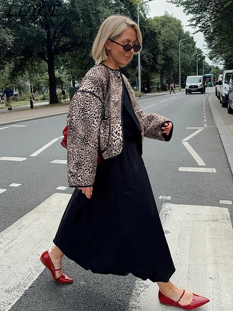 Casual Leopard Print Women's  Padded Coats Loose O-neck Long Sleeve Patchwork Jackets 2024 Autumn Winter Lady Vintage Streetwear