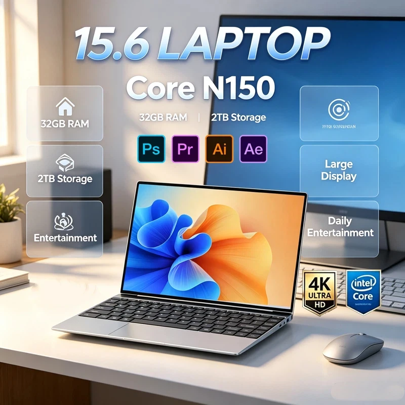 15.6" Ultra-Slim Intel Core N150 Laptop,32GB RAM 2TB NVMe SSD Win11 FHD IPS Notebook,Backlit Keyboard for Gaming,Office & Study