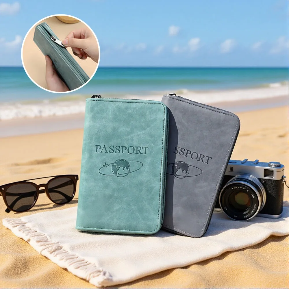 RFID Blocking Passport Holder Pu Leather Wallet Passport Cover Portable Multi-function Zipper Ticket Clamp Travel Accessory