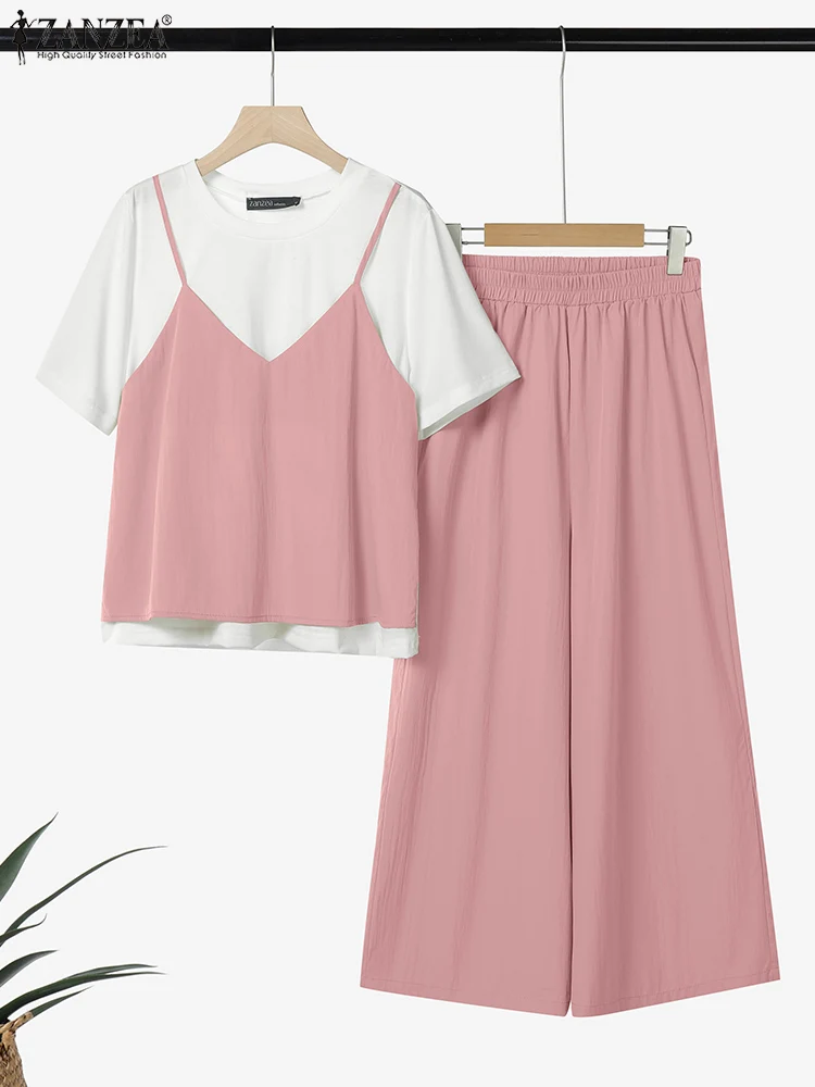 

ZANZEA Women Wide Leg Pants 2pcs Outfits Casual Fashion Contrast-Color Patchwork Short Sleeve T-Shirt 2 Pieces Sets Pant Sets