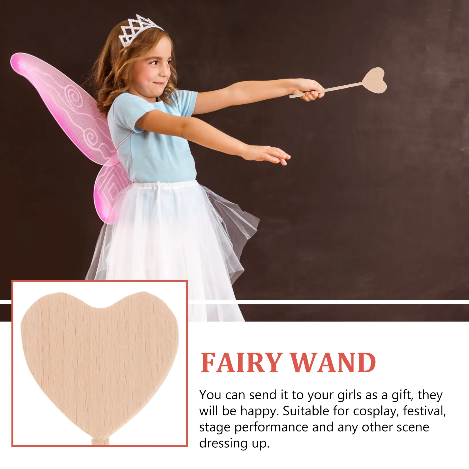 

2pcs Wooden Fairy Unpainted DIY Blank Sticks for Girls Photo Props Craft Heart Shape Kids Performance