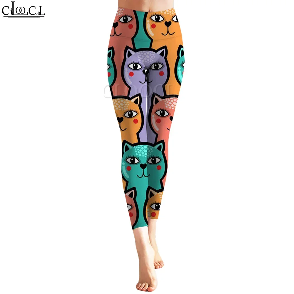 CLOOCL Women Leggings Yoga Pants Firm Buttocks Sports Tight Trousers Cartoon Smiling Cat Print High Waist Gym Fitness Leggings
