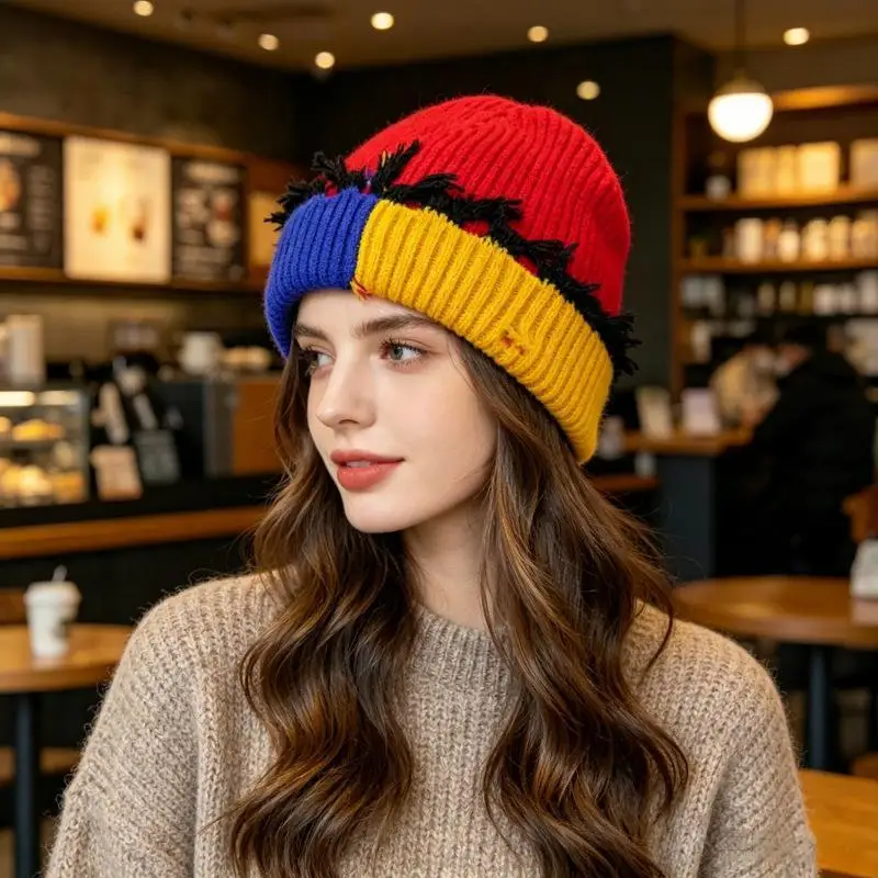 Warm Knitted Beanie With Contrast Color Block Fuzzy Edge For Winter Outdoor Daily Casual Wear