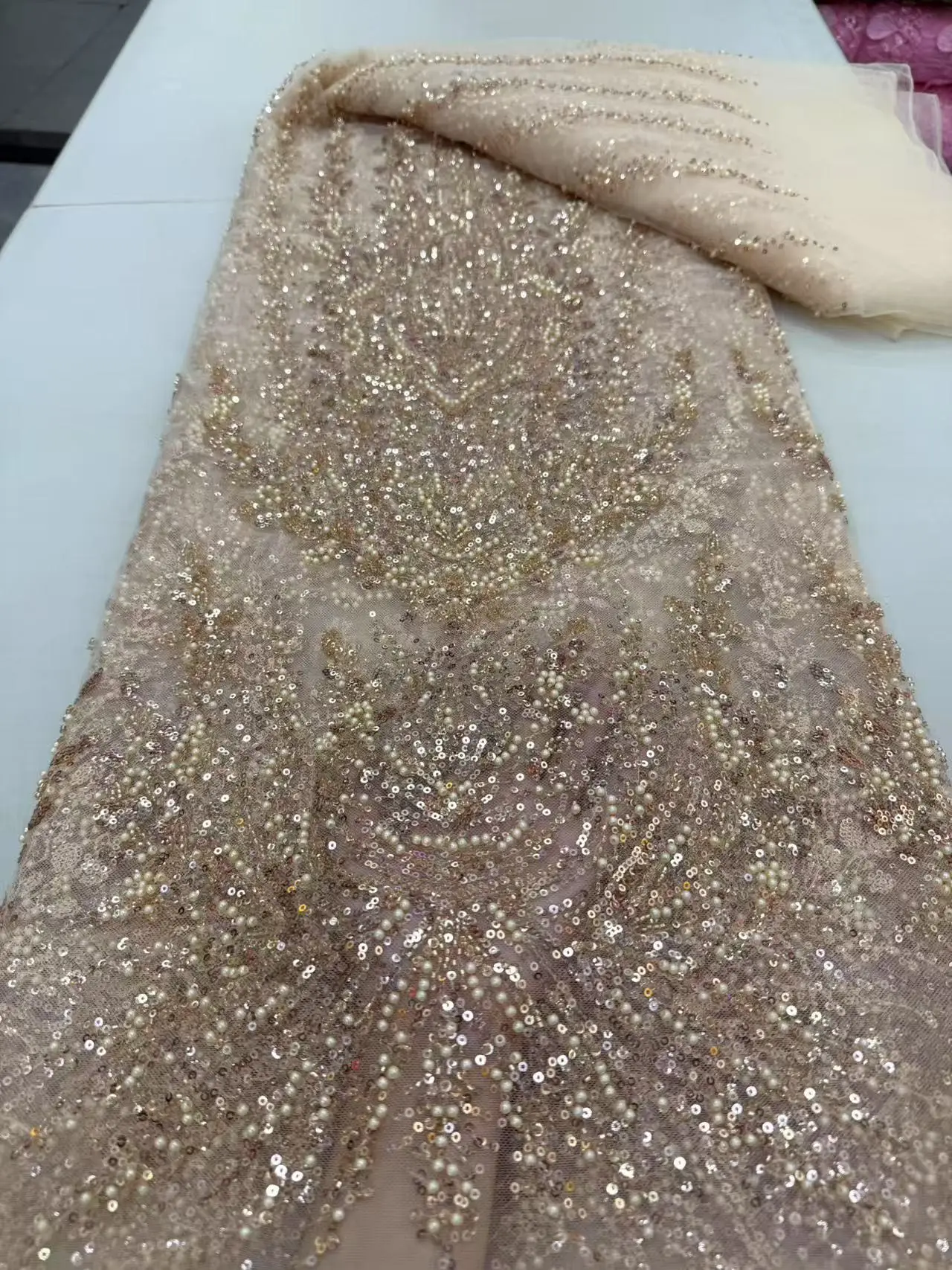 

2025 African Nigerian High-Quality Sequins Tulle Lace Fabric 5Yard for Prom Dresses Beads Embroidery Sewing Net Cloth JY428