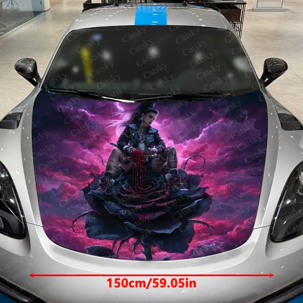 Rose And Punk Girl Car Hood Decorative Stickers. It Enhances The Aesthetic Of The Vehicle And Can Be Easily Applied To Metal Sur