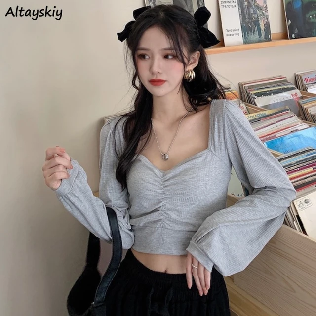 7 Colors Long Sleeve T shirts Women Tender Slim Crop Tops Sexy Cute Females Harajuku Retro Korean Style Design AliExpress