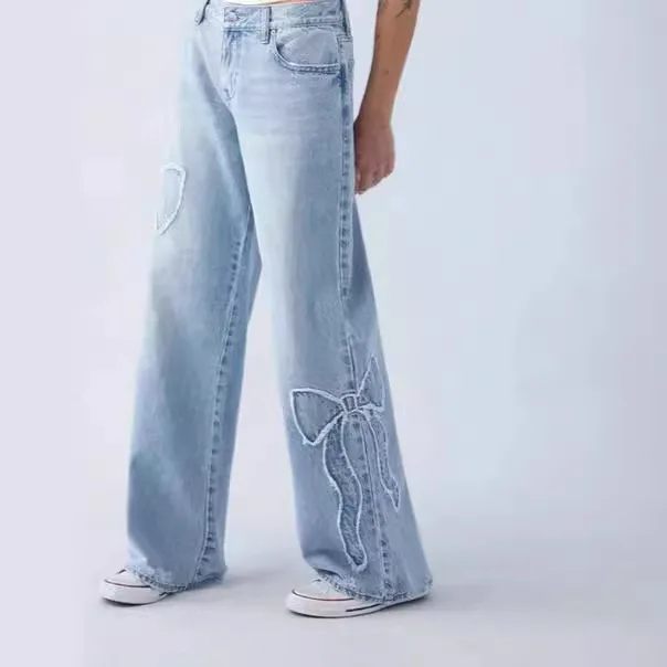 2026 Trendy Y2K Vintage Women Jeans Butterfly Embroidery Side Frayed Raw Edge High Street Casual Baggy Straight Leg Denim Pants
