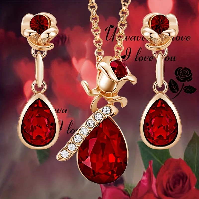 Fashion Rose Flower and Droplet Shape Pendant Necklace Earrings Set for Women Banquet Wedding Anniversary Jewelry Set Gift