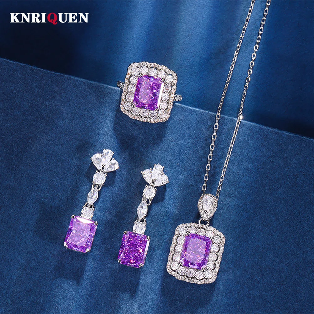 

New Luxury Iced Cut 8*10mm Amethyst Gemstone Necklace Pendant Ring Earrings Wedding Fine Jewelry Sets for Women Accessories Gift