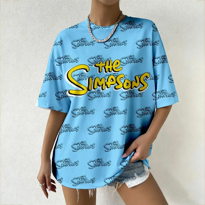 

Disney Brand The Simpsons Logo Printed Blue Tee Women's Y2K Oversized T-Shirt Summer Street Trendy Loose Women's Clothes