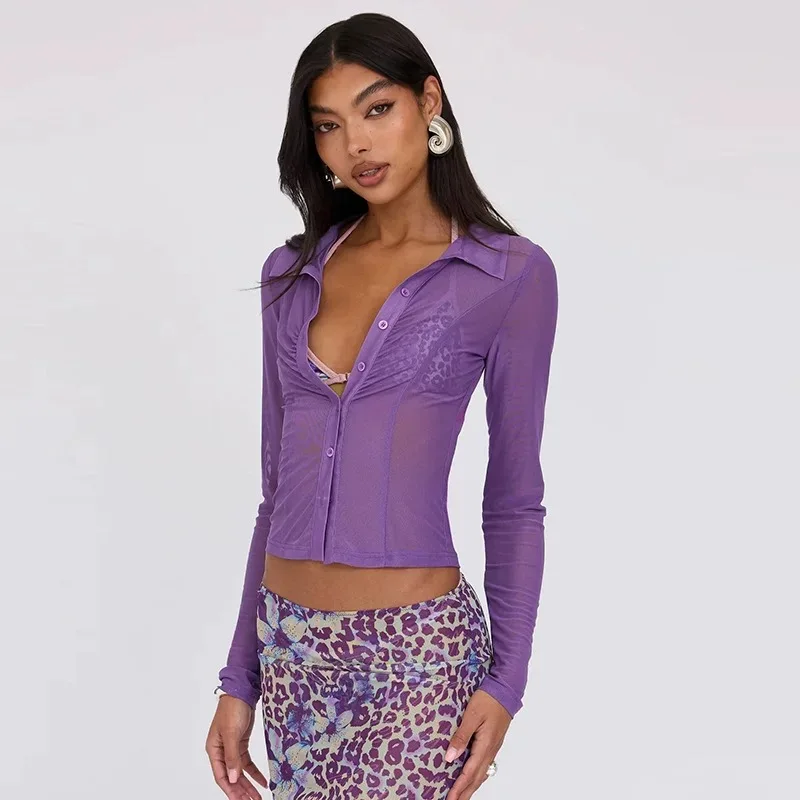 Women Autumn Sexy Sheer Mech Tops Blouse Shirts Single Breaster Shorts Lady Allure Charming Sexi Shirts Purple Black Solid Tops