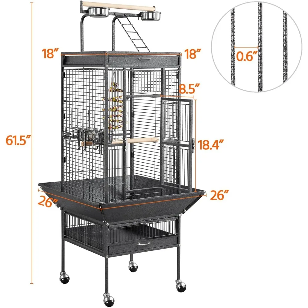 61-inch Wrought Iron Large Parrot Bird Cages with Rolling Stand for Cockatiels Quaker Conure Parakeet Lovebird Finch Canary