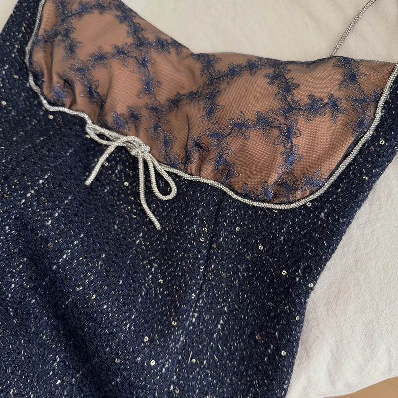 Spaghetti Strap Mini Dress Elegant Tweed Short Dress Party Club Embroidered Patchwork Slim-fit Dresses Vestidos Mujer Sundress