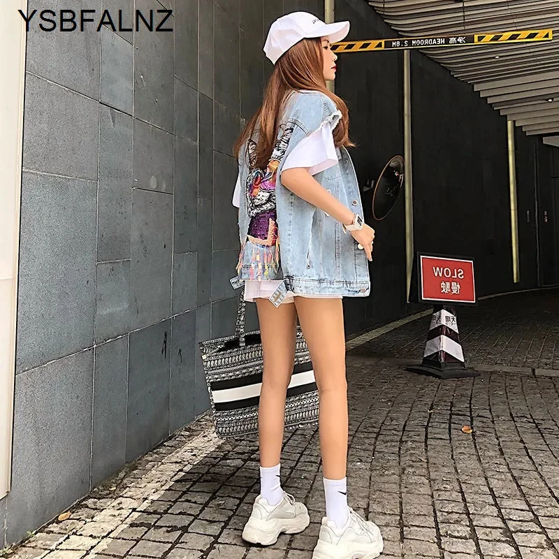 Denim Vest Jacket Back Cat Spring Summer 2024 Korean Style Women Cardigan Loose Hole Ribbon Waistcoat Fashion Jeans Gilet Coat