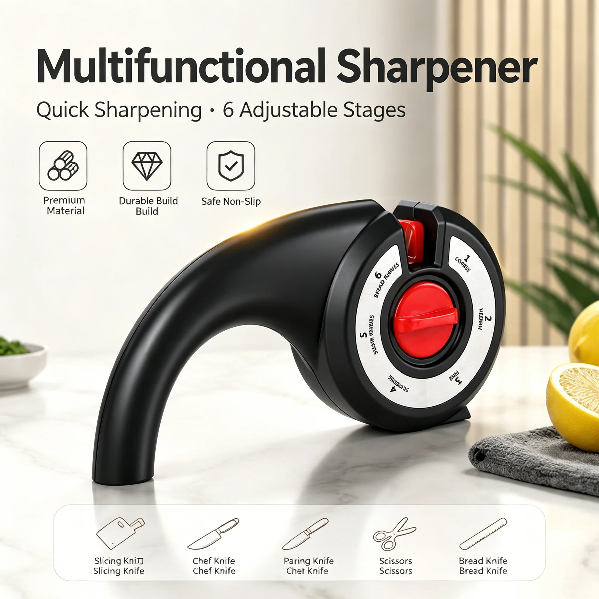 Multi-Sharpener 6-in-1 Rotary Tool, Sharpens Knives & Scissors, Features Adjustable Angle and Anti-Skid Base, Kitchen Must-Have