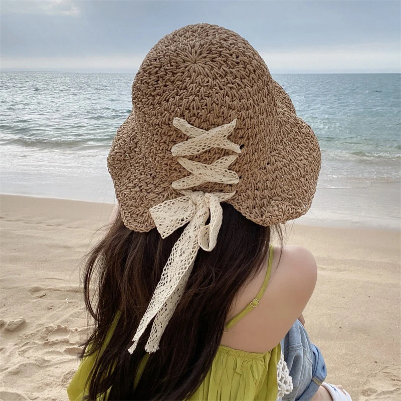 Lace bow tie straw hats Japanese hollow breathable not stuffy sun hat summer foldable large brim hat seaside vacation beach hat