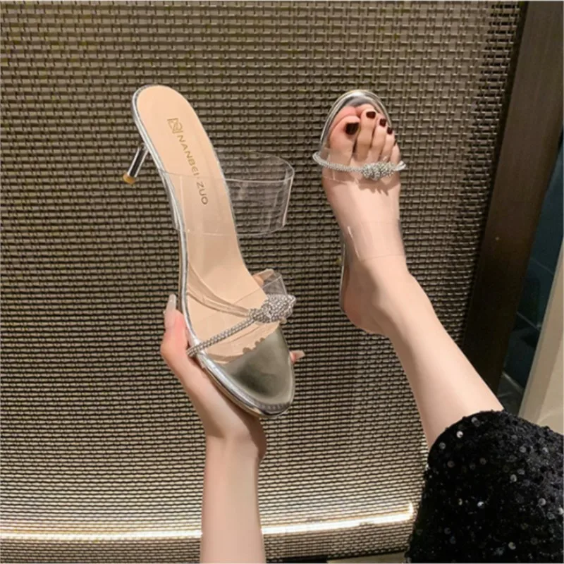 Summer new large-sized rhinestone twisted ankle-outside transparent high-heeled sandals with single strap women's shoes