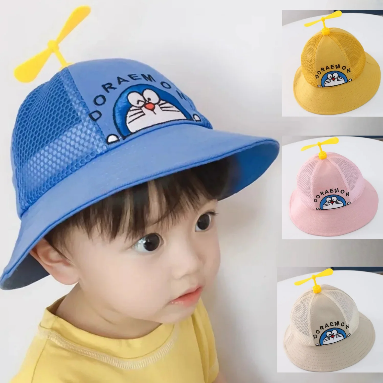 Doraemon-Chapéu de balde para crianças, desenhos animados fofos, Anime Beach, boné redondo, tecido completo, Kuromi Fashion Trend, libélula de bambu, presente infantil