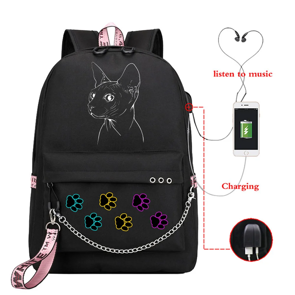 

Usb Charging School Bags for Teenage Girls Sphynx Cat Kawaii School Backpack Bag Student School Bags Zipper Backpack Mochilas