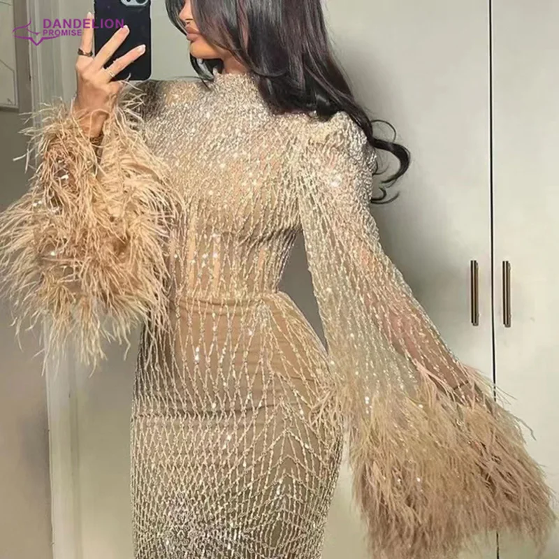 Luxury Dubai Feathers Nude Evening Dresses 2024 Long Sleeves Beaded Elegant High Neck Arabic Wedding Formal Party Gowns