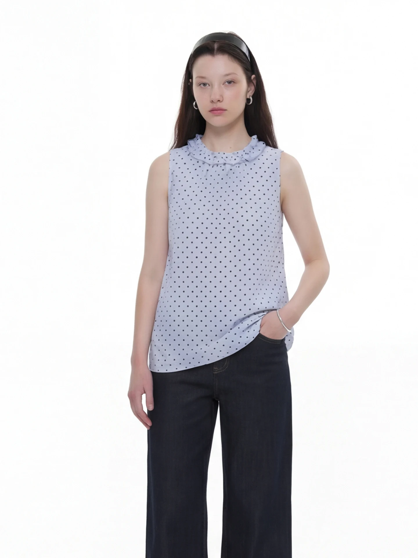 

COIE Spring Summer New Loose Fit round Neck Polka Dot Shirt Thin No Sleeve Women's Top with Wood Grain Design Cotton Pol...