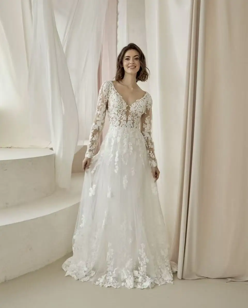 

Модные кружевные свадебные платья с аппликацией на заказ, новое платье Vestido De Noiva с длинными рукавами и шлейфом, свадебное обручальное платье Mariee