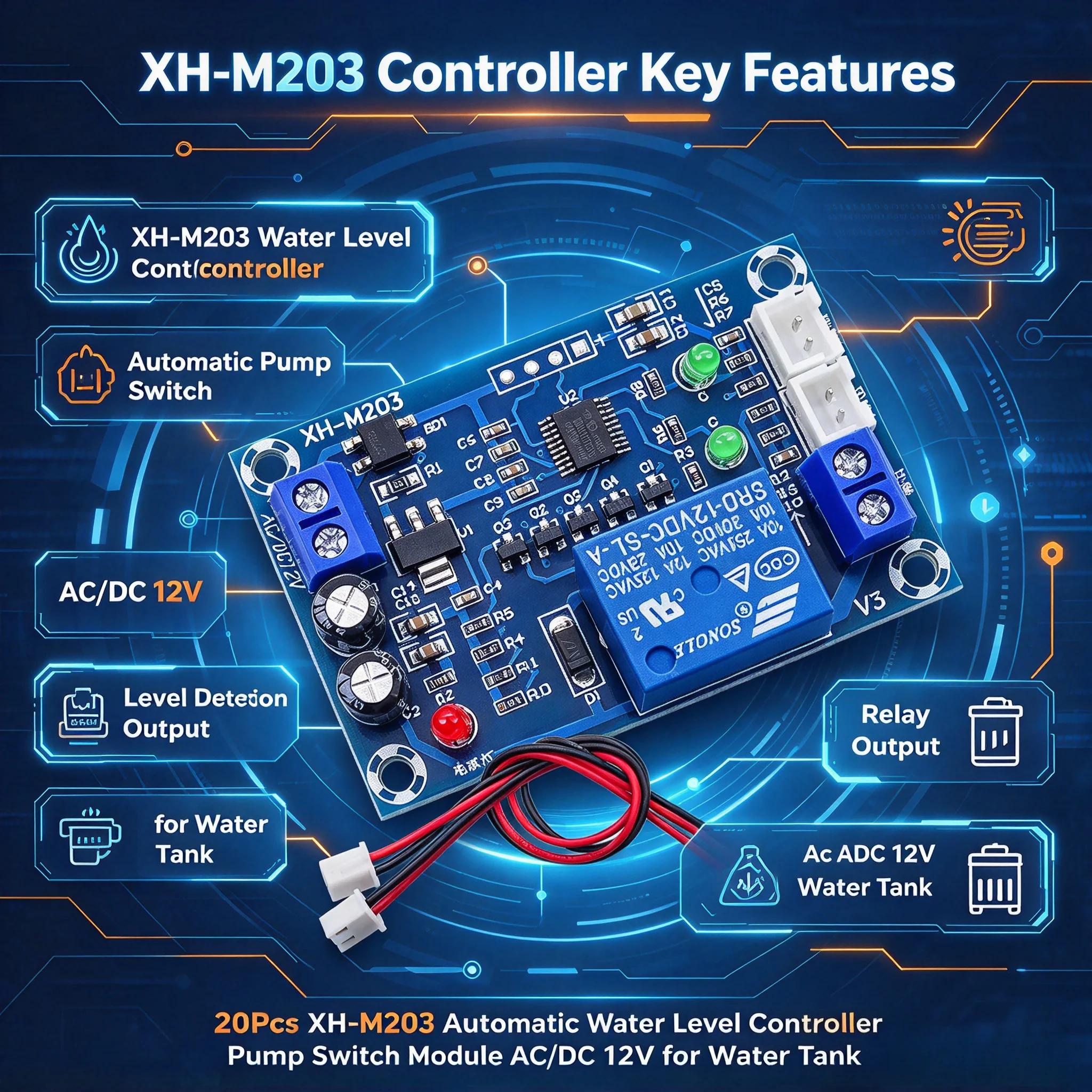 20Pcs XH-M203 Automatic Water Level Controller Pump Switch Module AC/DC 12V for Water Tank