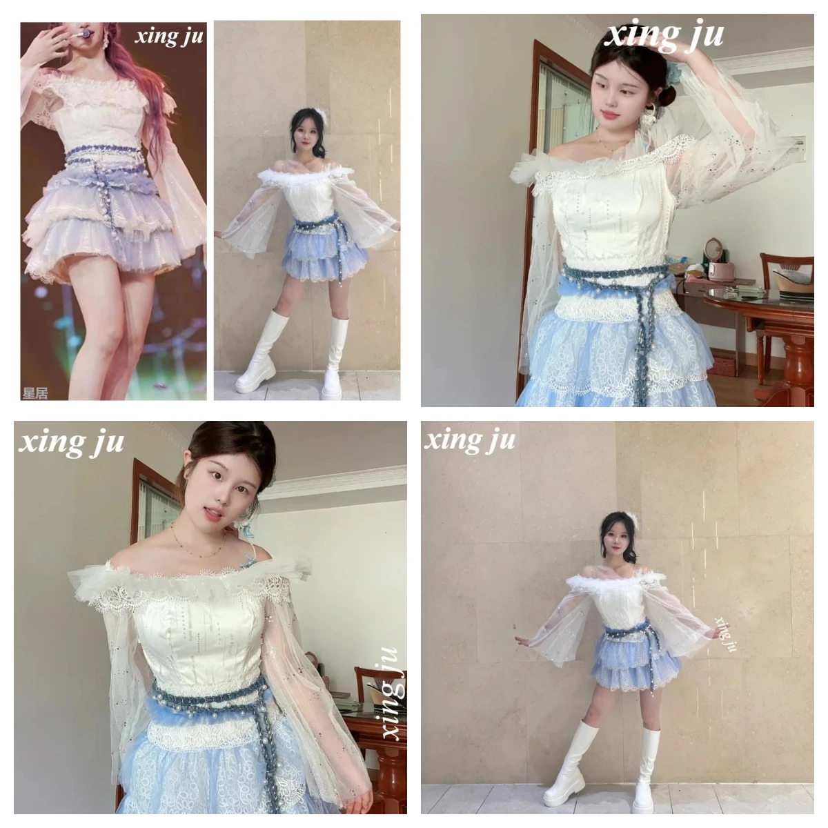 

Xing Ju Kpop Korean Singer Lace Strapless Patchwork Short Dress Women Jazz Dance Costumes Birthday Party Stage Performance Wear