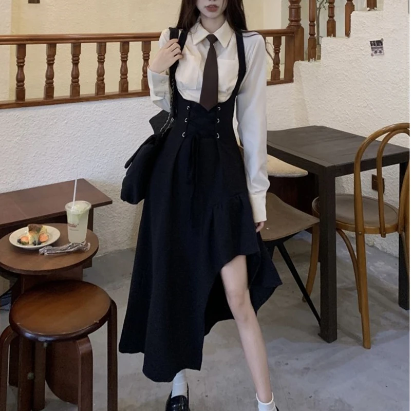 Spring New Preppy Style Short Shirt with Tie Bandage Sleeveless Irregular Dresses Set Korean Lady Fashion Outfits 2023 New Suit