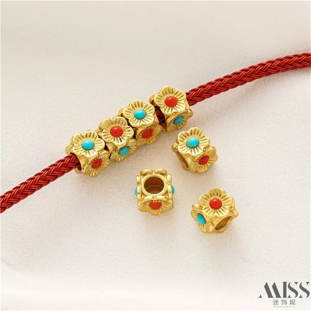 18K Sand Gold Ruby Square Large Hole Multi-faceted Flower Square Bead Diy Woven Bracelet Necklace Accessories