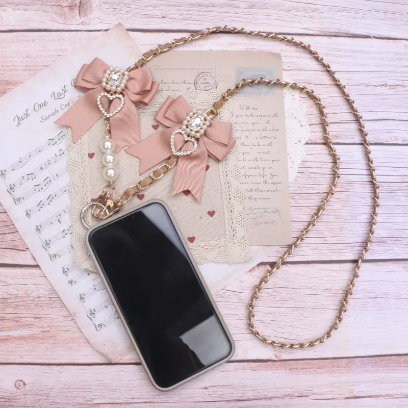 Jirai Kei Y2K Girl Bag Strap Bow Rhinestone Heart Pendant Keychain Phone Case Strap Women's Bag Chain Sweet Bag Accessories