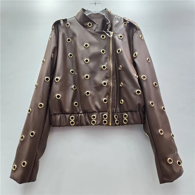 WTHT, chaqueta con cuello levantado de cuero PU con diseño de Metal calado para mujer, abrigo de manga larga a la moda para invierno 2025, 1LS2747
