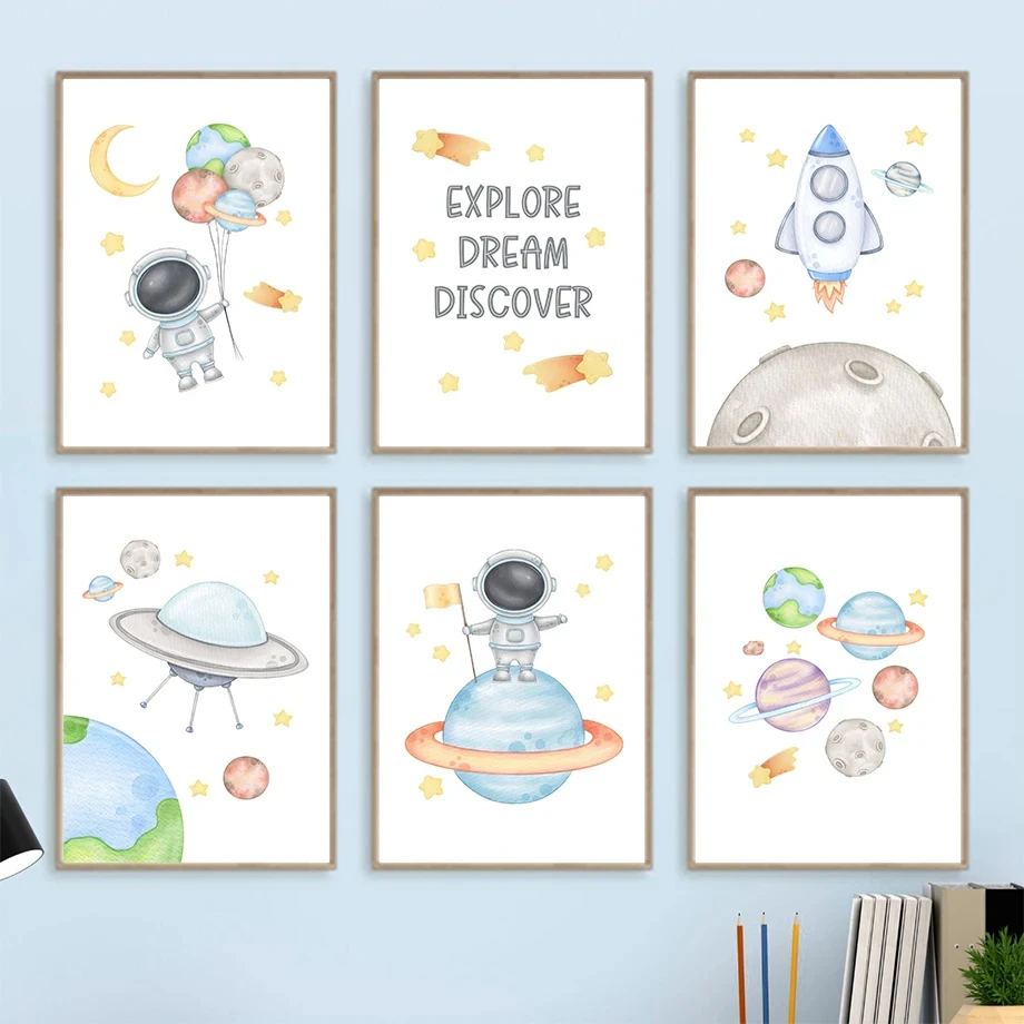 

Cartoon Astronaut Rocket Ship Planets Wall Art Canvas Painting Nordic Posters And Prints Nursery Wall Pictures Kids Room Decor