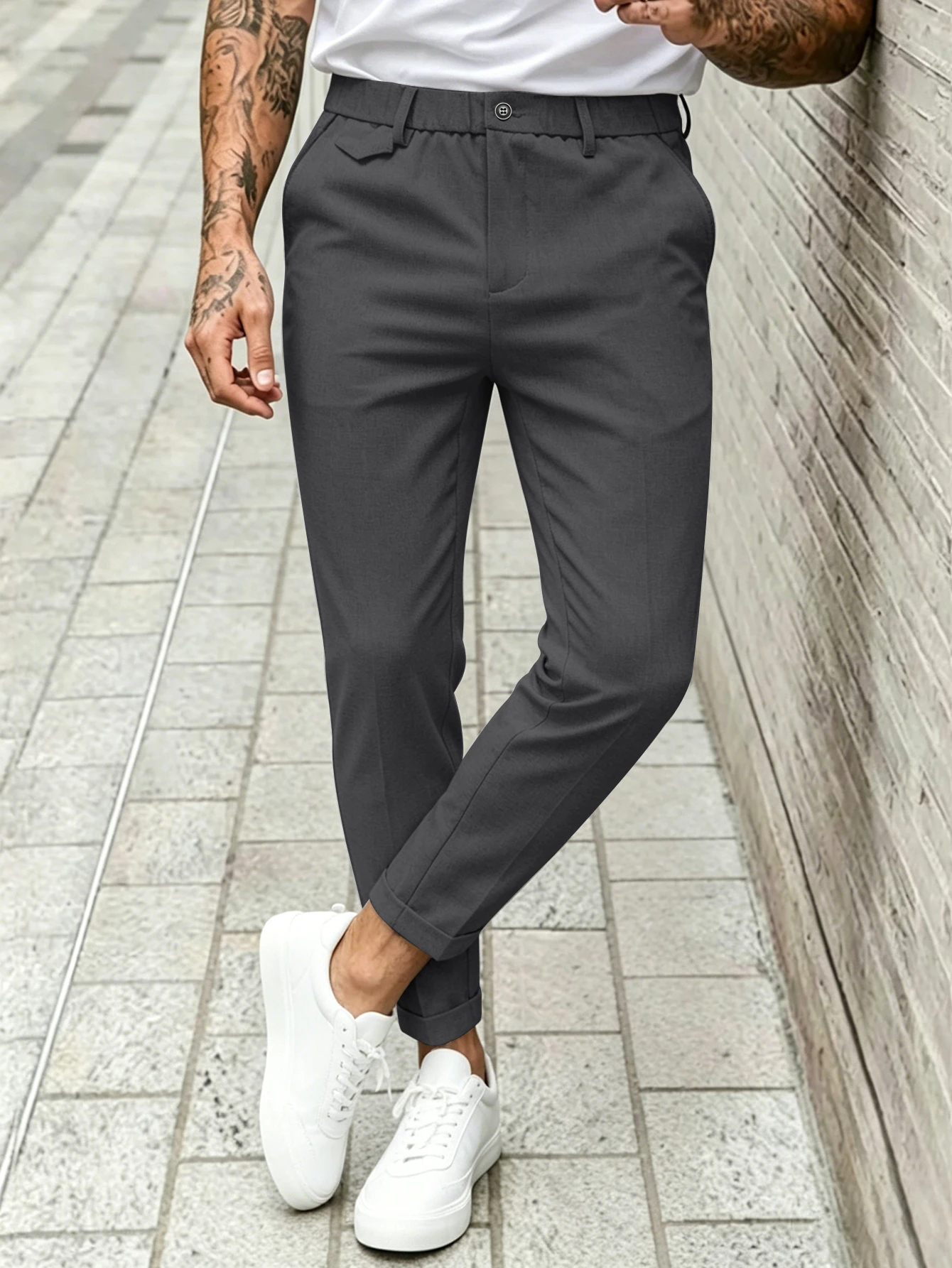 

Men Stretch Cuffed Ankle Dress Pants Wrinkle Free Slim Tapered Cropped Suit Trousers Business Casual Chinos S-XXL