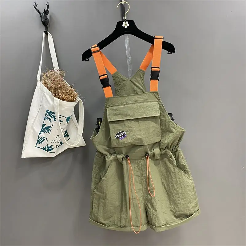 Street Casual Contrast Loose Overalls Summer New Drawstring Pleated Pockets Patchwork Trend Shorts Fashion Vintage Women Clothes