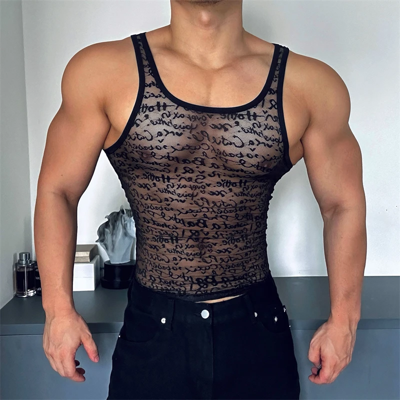 Men's Slim Fit Sleeveless T Shirt Ultrathin Seamless Breathable Tank Top Sexy Underwear Lining Vests Sexy Mesh See Through Vest