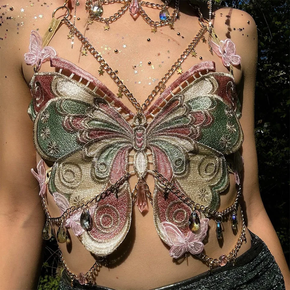 

Trendy embroidered butterfly spliced metal crystal pendant ultra-short suspender