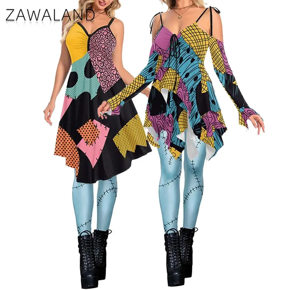 Zawaland-Costume de Cosplay d'Horreur de Noël pour Femme, Robe de Zombie pour Halloween, Robes de Soirée Amusantes, Leggings Imbibés