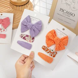 3Pcs/Lot Embroidery Snap Baby Girl Hair Drop Clips Korean Flower Print Bobby Hairpins Sweet Cute Plain Hair Bows Hairgrips