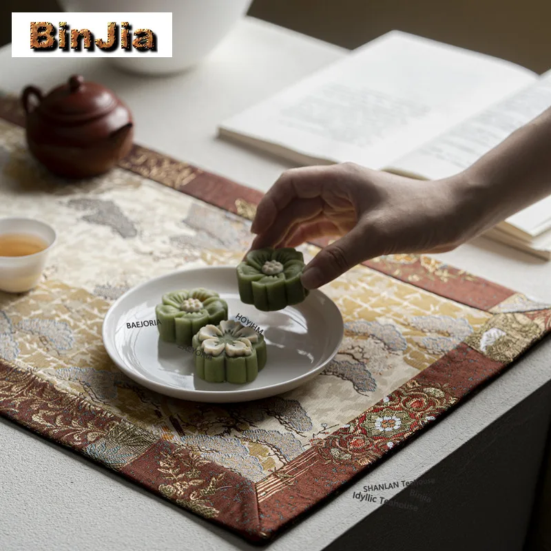 BAEJORIA Double-sided Spliced Brocade Embroidery Tea Table Mats Retro Drink Coaster Dinner Table Cloth Mat Drinkware Ornaments