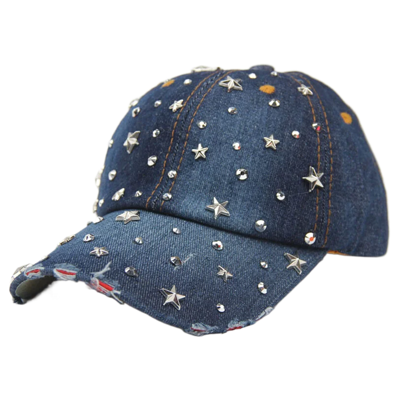 Fashion Women Baseball Cap Bling Stars Rhinestone Denim Cap Adjustable Strap Jean Snapback Hat Distressed Brim