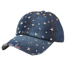 Fashion Women Baseball Cap Bling Stars Rhinestone Denim Cap Adjustable Strap Jean Snapback Hat Distressed Brim