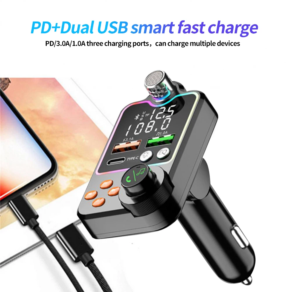 Bluetooth 5.0 Car FM Transmitter Dual USB Car Charger Type-C Fast Charging Wireless Handsfree Call Audio Receiver MP3 Player