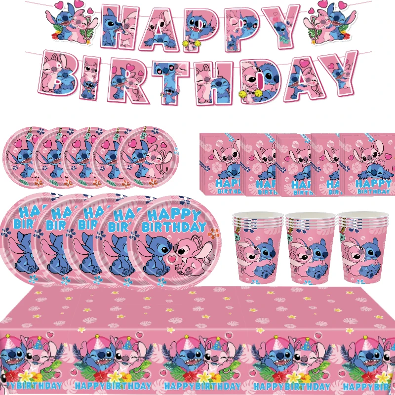 Décoration de fête d'anniversaire Pink Interstellar Stitch, nappe, vaisselle, ensemble de fête, fournitures pour baby shower, cadeau