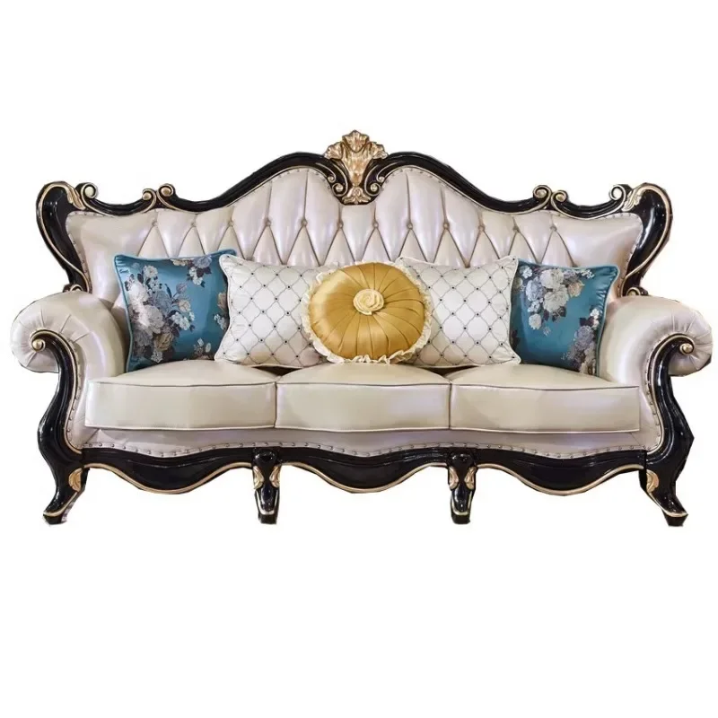 

European leather sofa living room combination corner L-shaped ebony solid wood carving small apartment first-layer cowhide sofa