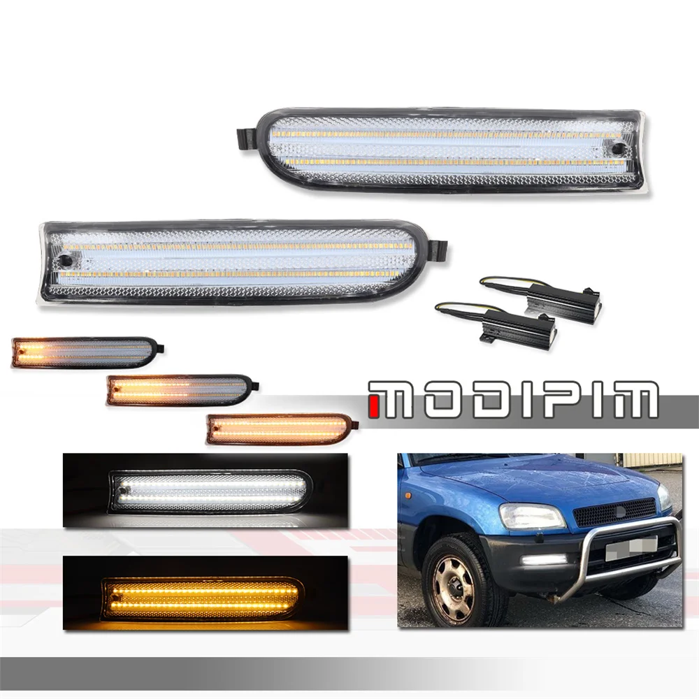White LED Front Bumper DRL Driving Lights & Sequential Amber Turn Signal Blinker Lights Assembly For Toyota Rav4 1996 1997 12V