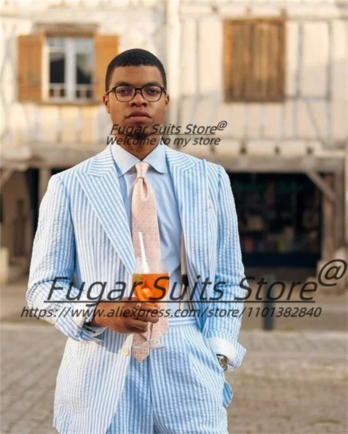 

Customized Stripe Men's Suits Slim Fit Beach Jacket Wide Peak Lapel 2Pieces Sets Male Party Blazers Casual Groom Wedding Tuxedos