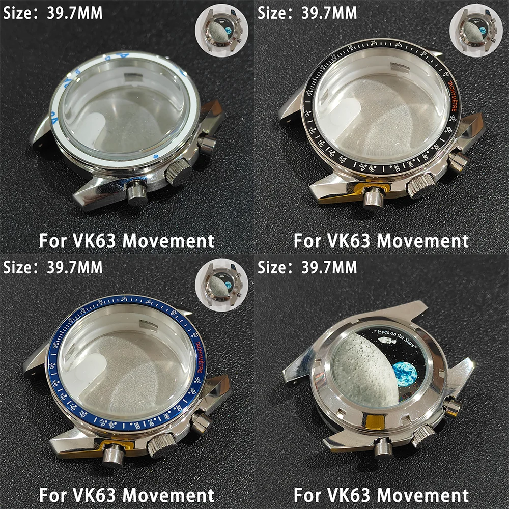 

Moon Watch Case For VK63 39.7MM Moon Pattern Back Chronograph 316L Stainless Steel Metal Material Parts sealed back moon watch