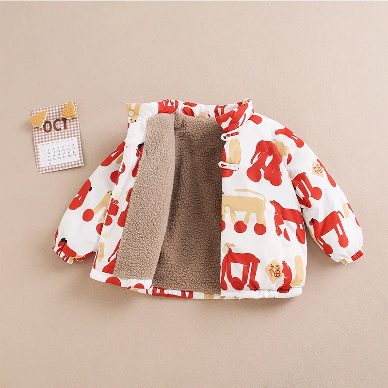 Boys Girls Winter Cotton Padded Jacket New Year\'s Velvet Clothes Baby Fleece Lined Coat Kids Christmas Tops Outerwear 1-7T